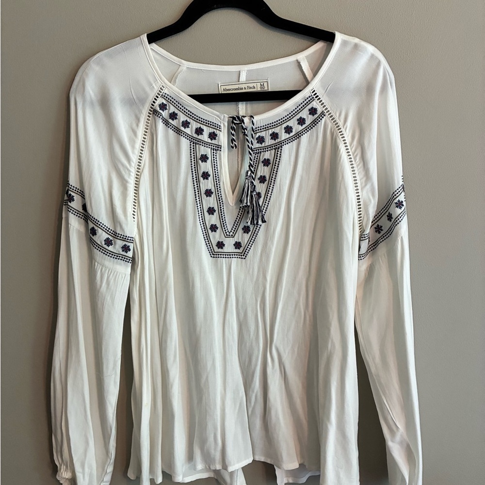 Abercrombie & Fitch Cream Long Sleeve Embellished Blouse